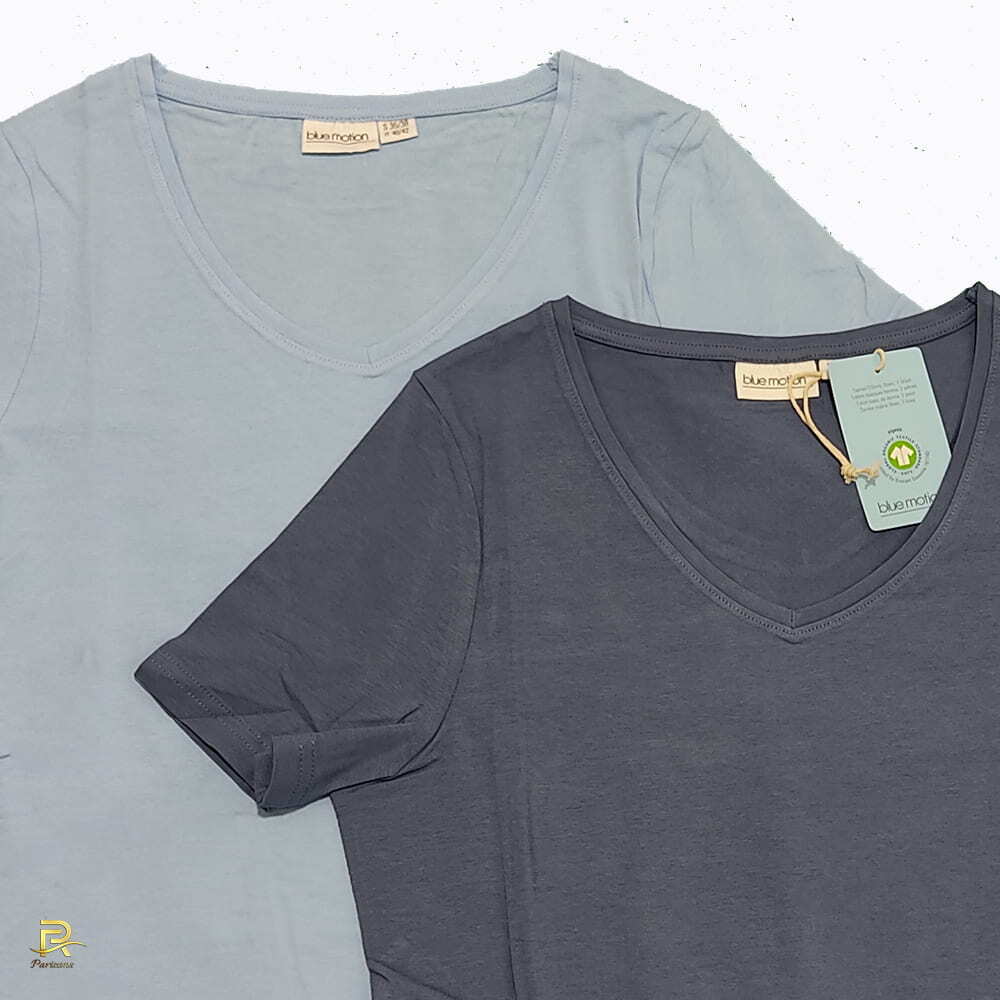  نمای نزدیک تی شرت نخی زنانه بلو موشن مجموعه 2 عددی مدل C1521 با رنگهای سرمه ای و آبی و سایز 38-36 و قیمت 306000 تومان 