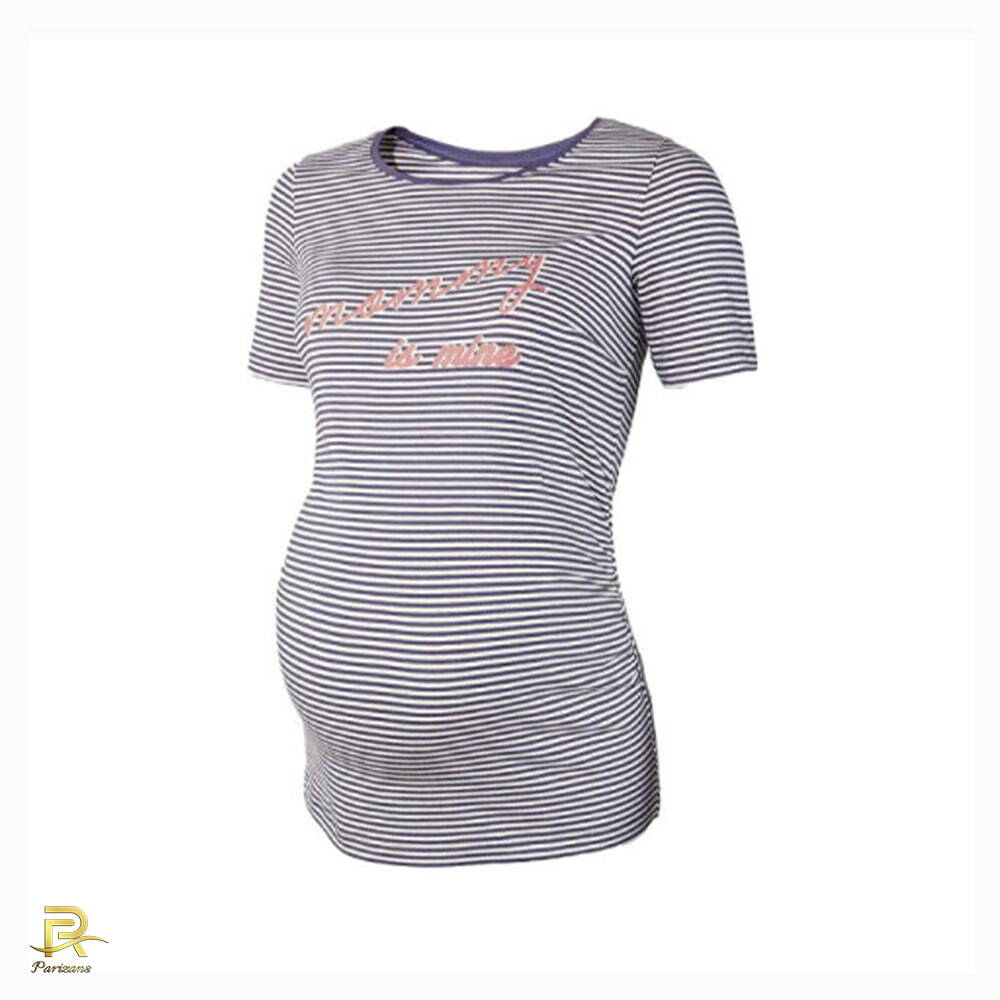  نمای جلو تیشرت بارداری زنانه اسمارا مدل C1073 با طرح راه راه افقی سفید و سرمه ای و سایز 38-36 و قیمت 170000 تومان 