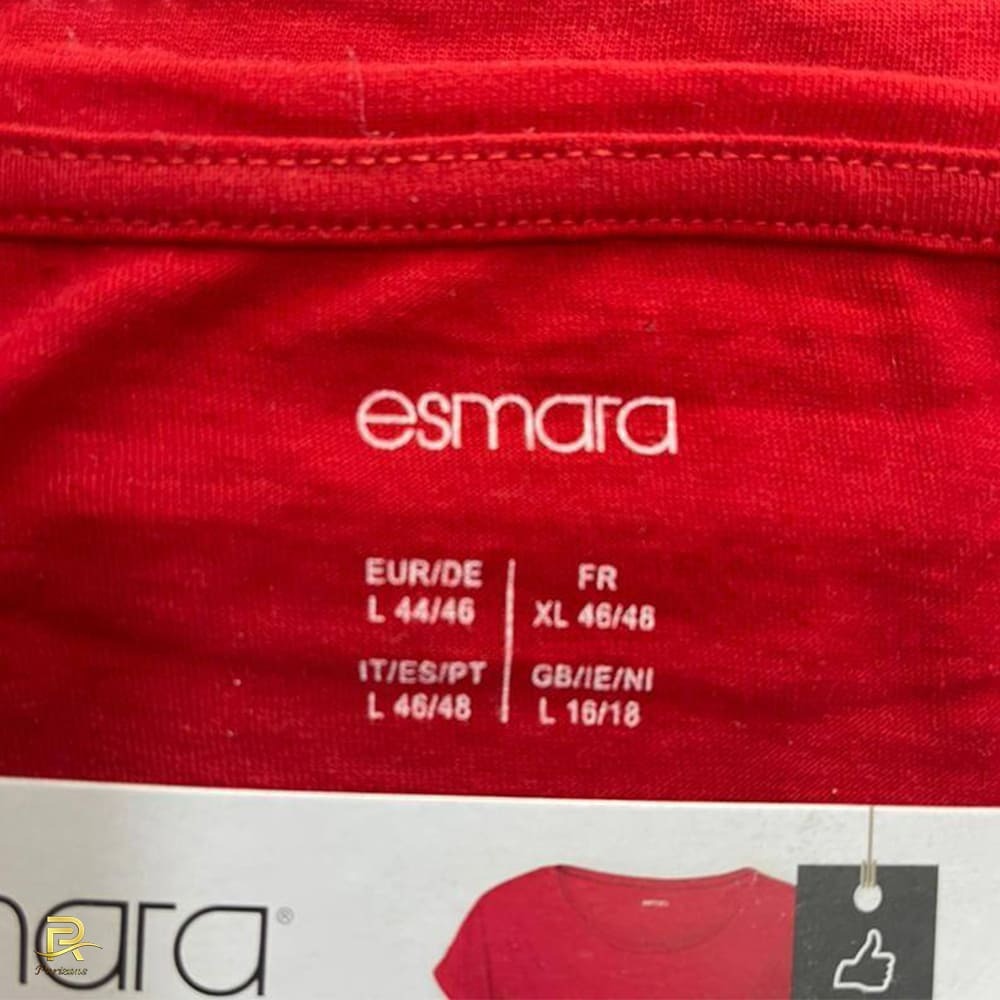  نمای برند تیشرت آستین کوتاه زنانه اسمارا مدل C1310 با رنگ قرمز و نوشته ژاپنی و سایز 38-36 و قیمت 165000 تومان 